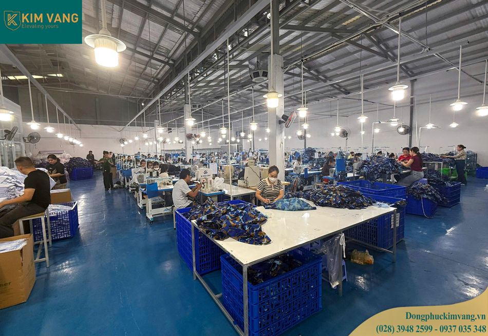 Kim Vàng Garment sewing factory with modern equipment for corporate t shirt uniforms