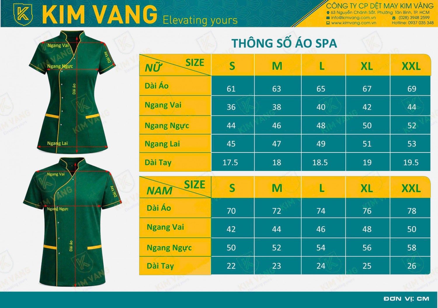 bảng size áo đồng phục công ty Kim Vàng