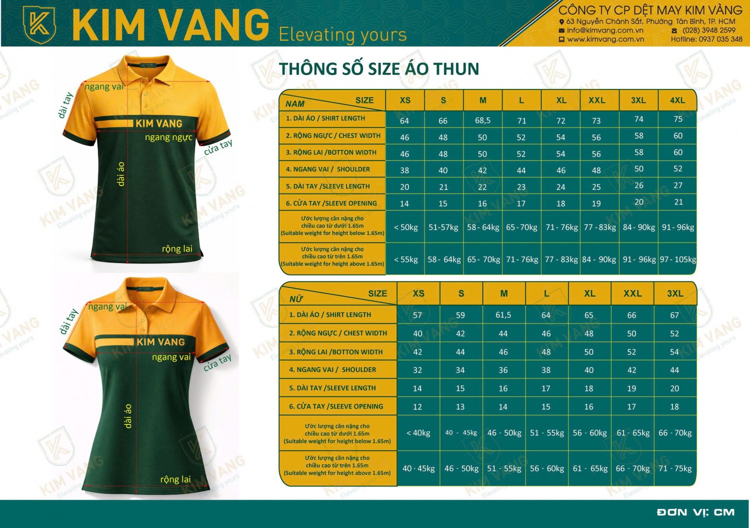 Bảng size áo polo nam nữ đồng phục Kim Vàng