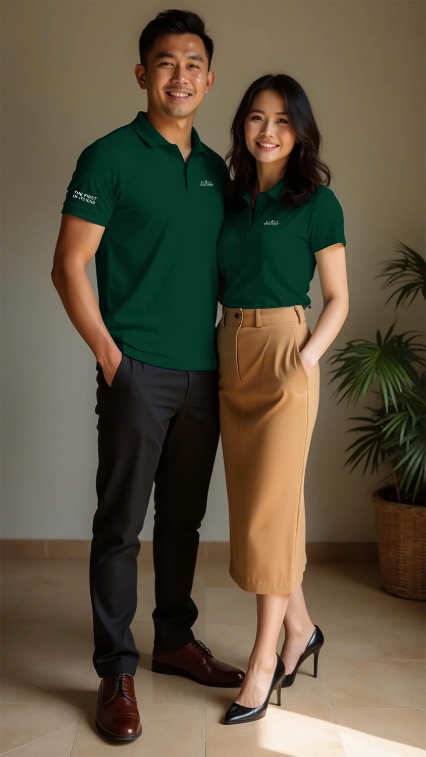 Form áo polo nam nữ đồng phục trên người thật