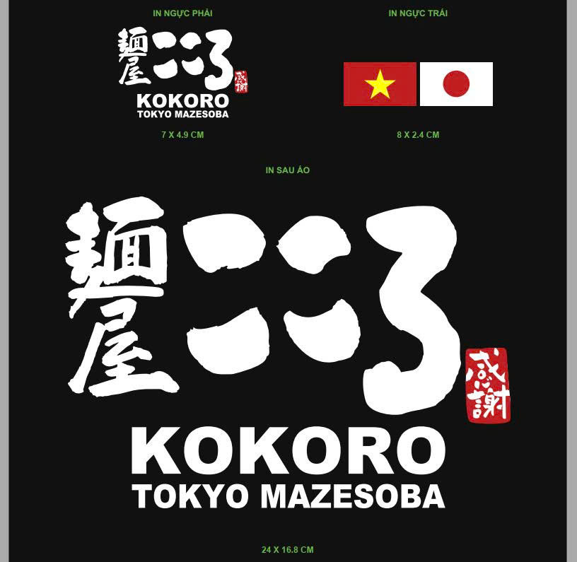 Chi tiết thiết kế logo Kokoro Tokyo Mazesoba và cờ Việt Nam Nhật Bản