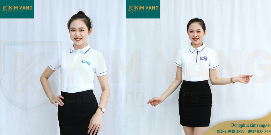 Mẫu đồng phục áo thun cổ trụ phối viền xanh trên áo