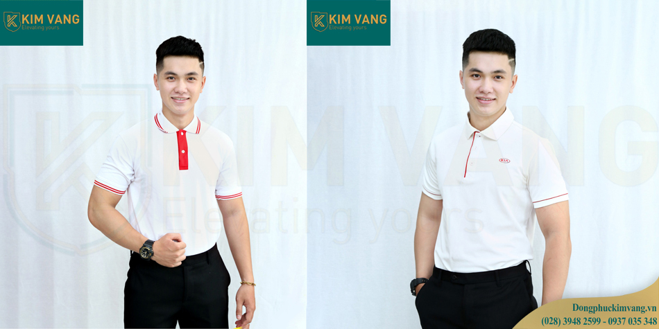 Mẫu đồng phục phối viền đỏ cổ áo và bo tay áo